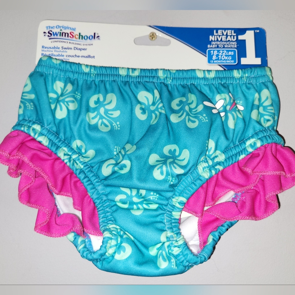 🆕️ SwimSchool Toddlers Reusable Swim Diaper Turquoise Pink Ruffle Trim 12 Month
